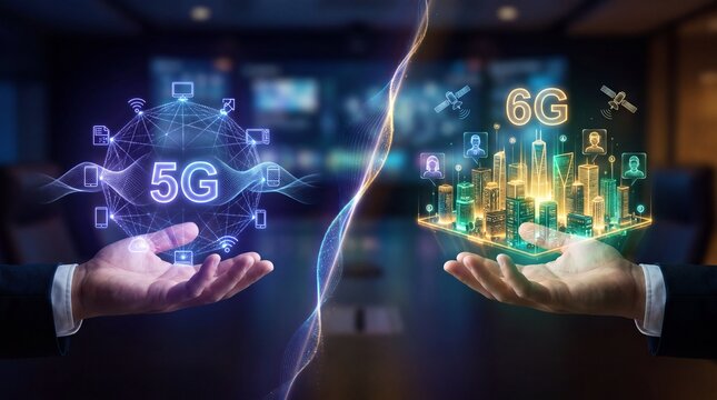 5G and 6G technology evolution concept with digital city and network icons