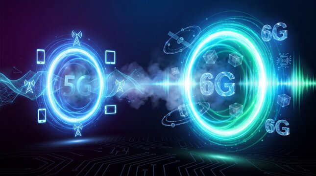 5G and 6G network technology symbols with glowing digital rings on dark background