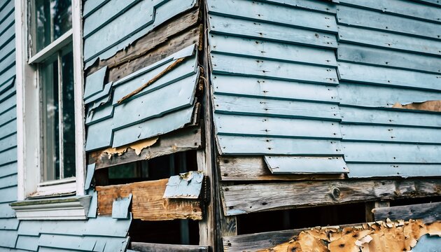 Peeling Blue Paint on Old House Siding Showing Severe Decay and Neglect