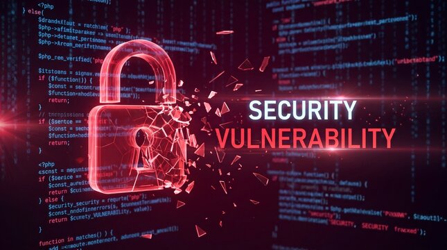 Shattered red padlock with security vulnerability text on dark code background