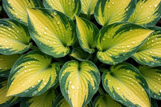 Top view of hosta plant leaves with yellow, green variegated patterns. Close up shot shows fresh waterdrops on foliage after rain. Rich garden green plants creates natural texture background for
