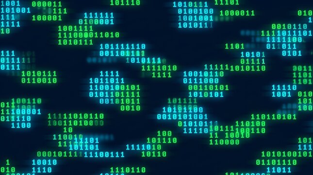 Binary code stream with flowing digital numbers on dark background