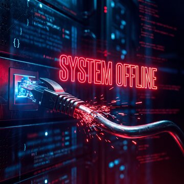 System offline text with broken ethernet cable plugged into dark server rack