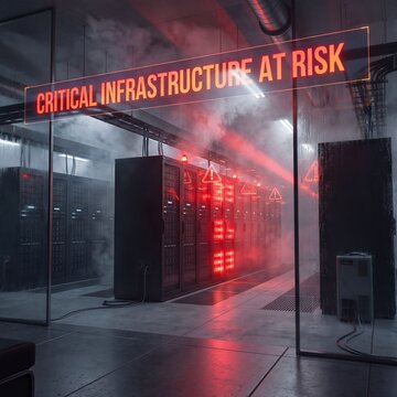 Critical infrastructure at risk warning sign in dark smoky server room facility