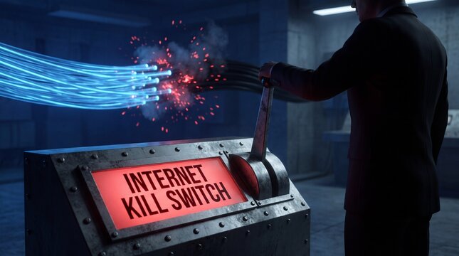 Businessman pulling internet kill switch lever cutting fiber optic cable connection