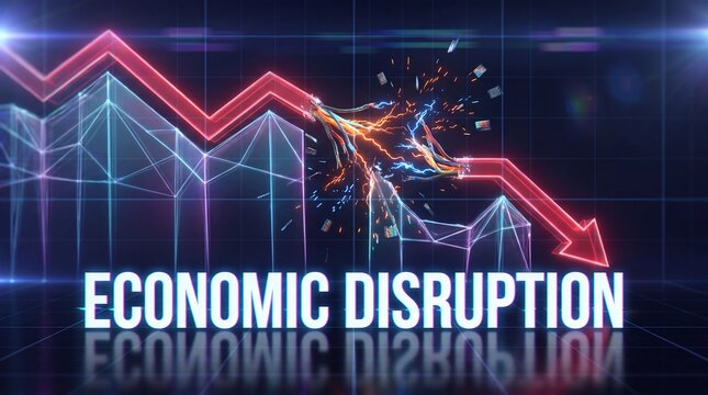 Economic disruption text with breaking red financial graph arrow on dark grid background