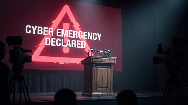 Cyber emergency declared text on screen behind wooden podium with many microphones