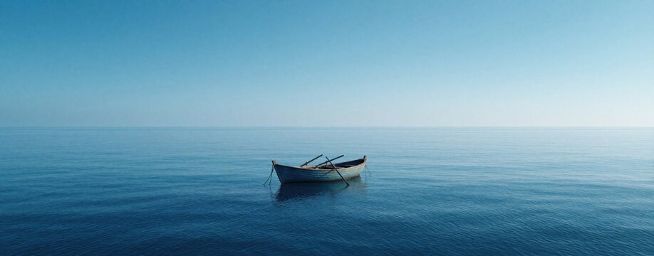 Small wooden boat floats on calm blue sea. Lone vessel drifts in middle of vast ocean water under clear sky. Minimalist landscape with large copy space for text. Peaceful maritime scene in open water