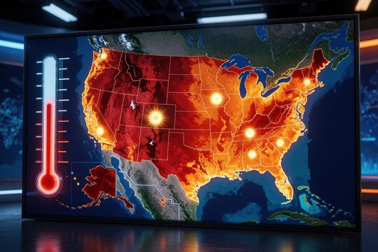 Digital screen displays US heat map with glowing red temperature indicators. North America map shows intense summer heatwave across United States. Warning weather forecast on monitor indicates rising