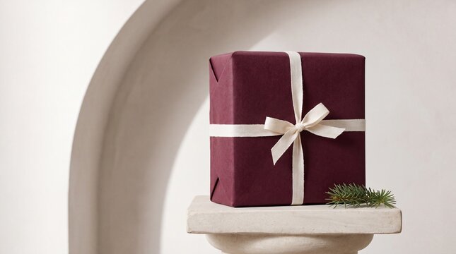 Burgundy gift box with white ribbon on stone pedestal for holiday season display