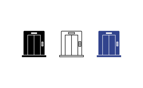 Modern elevator icon set, three lift door symbols in solid and outline styles, architectural navigation graphics for office and hotel signage