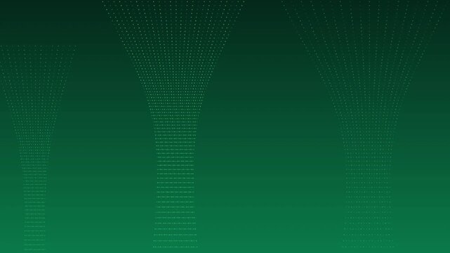 Abstract green digital background featuring glowing particles forming dynamic wave patterns across screens