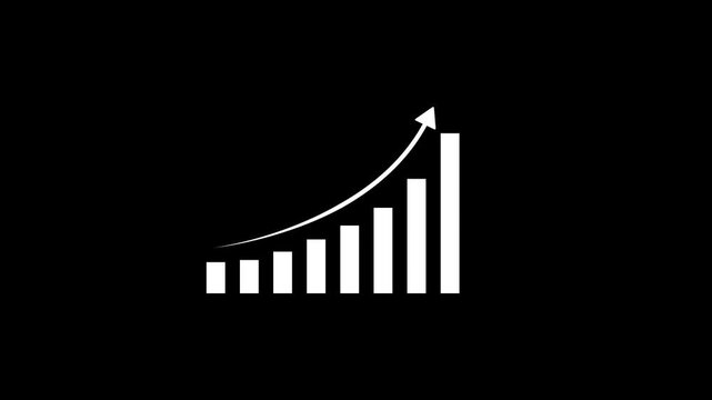 Minimalist white animated bar chart graph with upward trending arrow on a solid black background, representing financial growth, business success, positive, market trends, and, data analytics progress