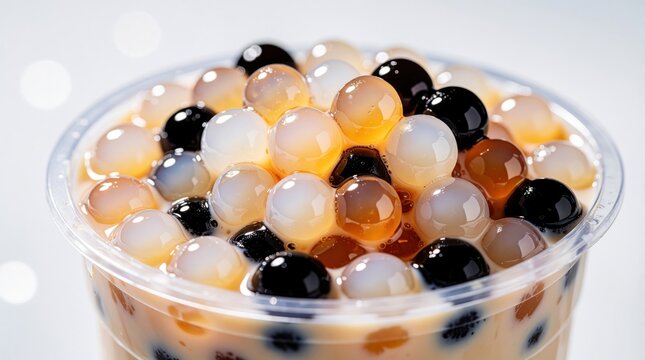 Close up of bubble tea in plastic cup. Colorful tapioca boba pearls floating in sweet milk tea beverage. Tasty dessert with black, translucent spheres. Refreshing Asian drink served in cafe for