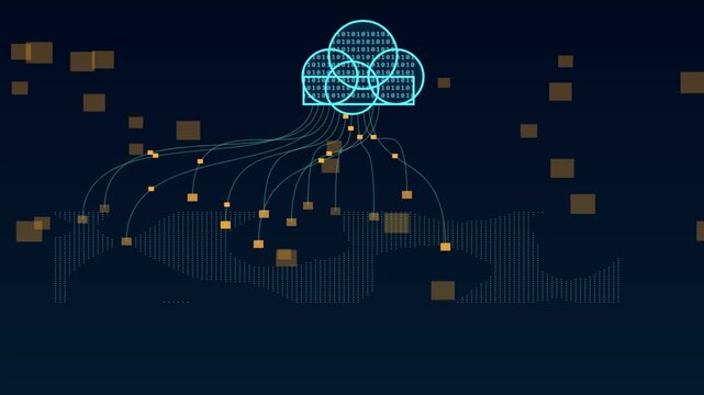 Futuristic cloud computing network transferring digital binary data via glowing blue connection lines