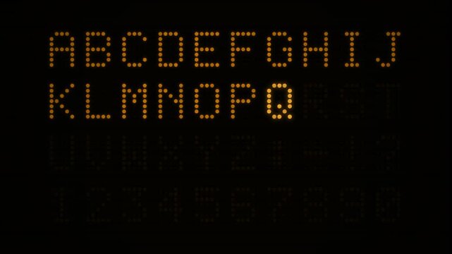 A high-end motion graphic featuring a retro LED display where characters are revealed with a high-intensity golden flash and glowing persistence effect.