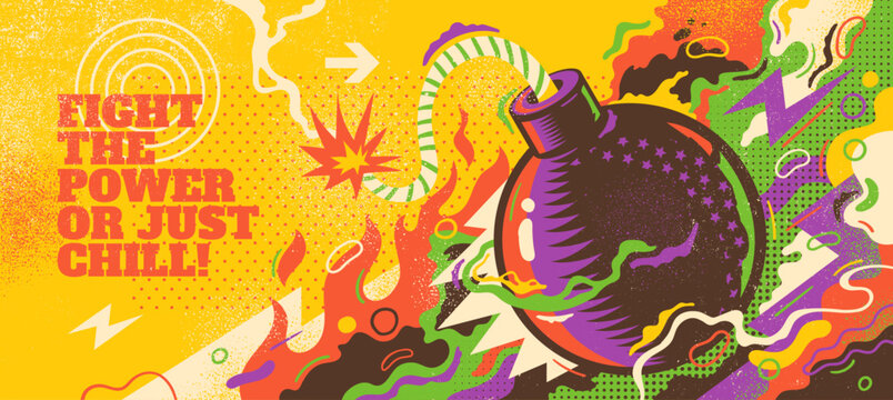 An abstract retro style background featuring an explosive bomb illustration, dynamic pop graphics, distressed textures, and a slogan. Vector illustration.