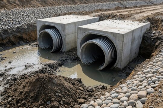Workers install large concrete drainage pipes in muddy construction site. Heavy culvert installation for water management in wet ground. Civil engineering project builds infrastructure to handle