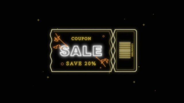 Glowing golden coupon animation with sale text