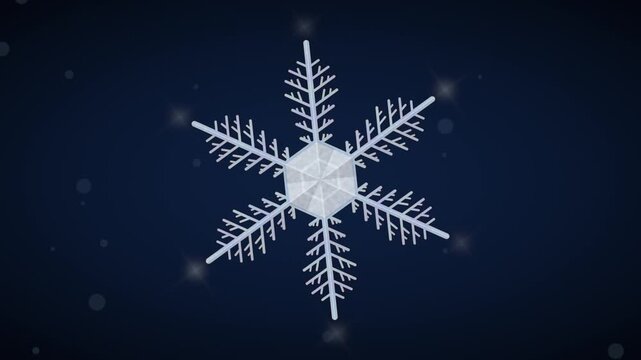 Stellar dendrite snowflake growing in macro, ice blue ice crystal on navy winter background, 4K