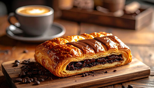 Golden pain au chocolat with rich chocolate batons and flaky pastry layers