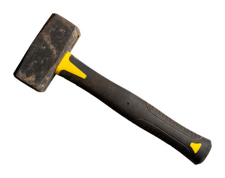 Used heavy club hammer with double-faced steel head and black yellow synthetic grip, isolated as a transparent PNG for demolition, masonry and construction designs.