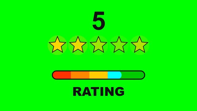 A professional motion graphics animation of a five-star rating where golden stars twinkle and glow like fireflies, featuring a smooth filling progress bar on a chroma key green background.