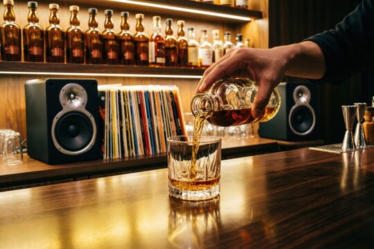 Bar &iacute;ntimo con barra, de noche; un camarero sirve whisky en un vaso de cristal, con hileras de discos de vinilo y botellas al fondo