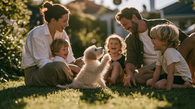 Warm family scene in a beautiful suburban garden, mother and father sitting on the grass as their young children giggle and play with a tiny fluffy puppy between them, the puppy