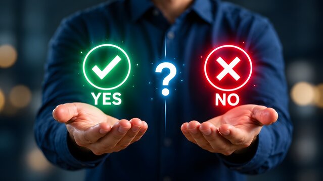 A businessman holding neon glowing yes and no signs with a question mark in the middle representing digital decision making choices and modern business options