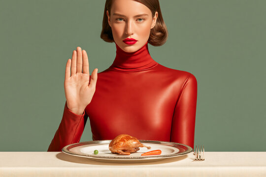 Woman in red turtleneck with stop hand gesture refusing tiny thanksgiving dinner portion of roast turkey, pea and carrot, green background.
