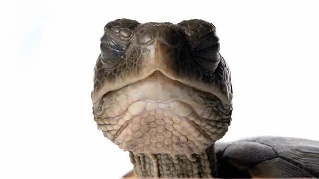 video shows a freshwater tortoise (terrapin) head against a white background, beginning with the tortoise's facial expression as depicted in a reference image a wide-open mouth in a startled