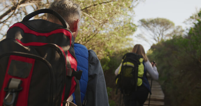Rear view of senior caucasian couple hiking in forest with backpacks and walking poles