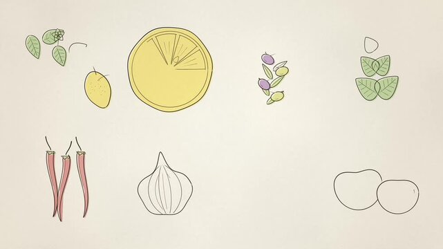 Kitchen botanicals line art drawing itself, hand drawn food specimen sheet with a watercolour wash on cream paper, 4K