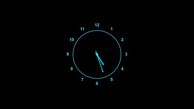 Neon digital clock interface with moving hands minimalist time concept