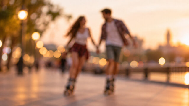 blurred image of people in love roller skating, serving as a background for presentations or advertisements