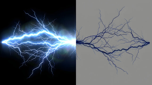 Electric discharge: The striking visual of electric discharge, with bright blue lightning bolts illuminating the darkness on one side and a more subdued blue on a grey background on the other.
