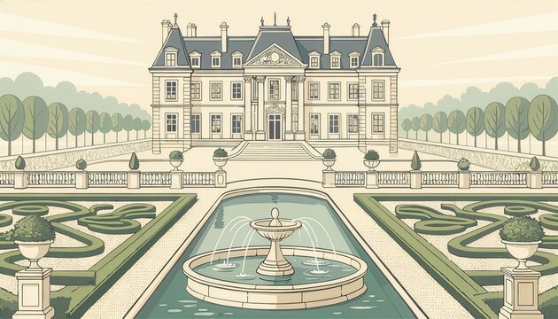 Elegant French chateau vector background surrounded by formal gardens
