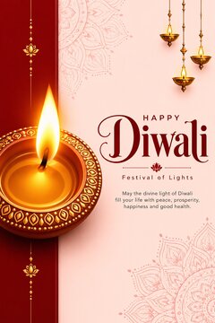 Single burning diya lamp against cream background with festive hanging lanterns festival hinduism