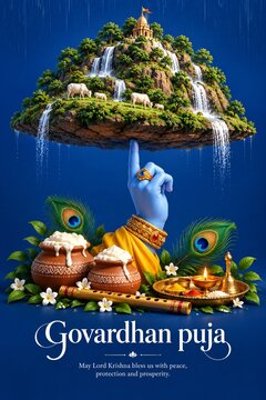 Govardhan puja festival depicting divine hand lifting mountain with pots and flute