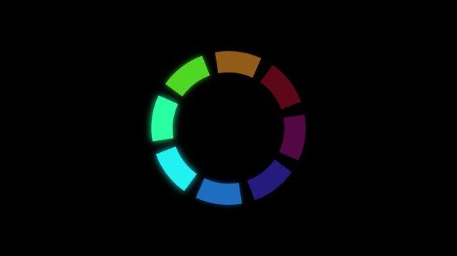 Colorful rotating circular loading preloader animation with glowing segmented rainbow ring for modern digital interface, web buffering, app progress indicator and streaming screen