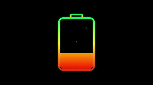 Neon glowing battery charging animation with color gradient indicator from low red to full green level for technology interface, mobile app and power display