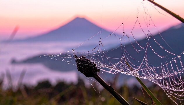 Macro close up of spider web with dew drops against a pink sunrise and mountain landscape background