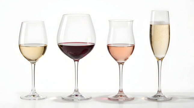 Variety of Wine Glasses: A selection of four wine glasses, each containing a different type of wine - white, red, ros&eacute;, and sparkling - arranged in a studio setting.