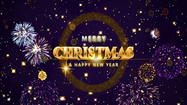 Merry Christmas and Happy New Year gold circular emblem with fireworks