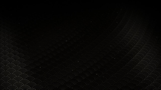 Golden seigaiha wave pattern shimmering on black background, Japanese traditional motif seamless loop