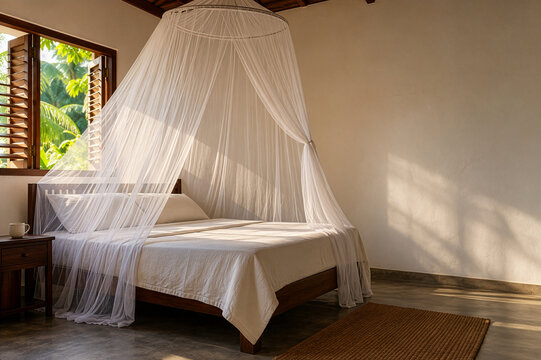 Mosquito net over bed in a tropical guest room