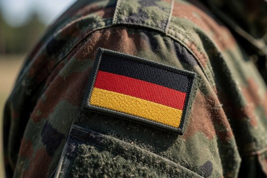 Close up of German flag patch on camouflage military uniform. Detail of embroidered national flag on soldier clothing. Tactical apparel with black red gold colors. Bundeswehr soldier wearing army