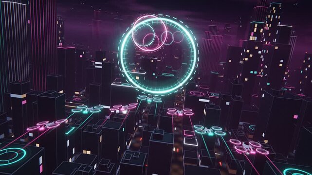 Futuristic drone fleet flying through neon rings over a stylized cyber city in a 3D aerial loop