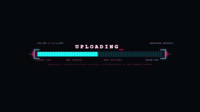 Futuristic sci-fi HUD uploading progress bar animation with digital data readout, transfer rate and encrypted protocol indicator for cybersecurity interface and gaming overlay